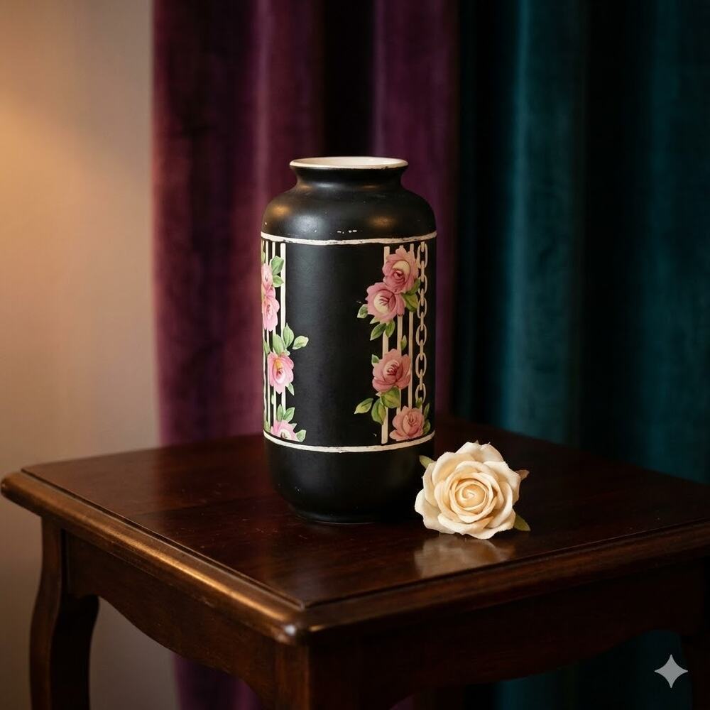 Vintage Crown Ducal Black Art Deco Vase with Pink Roses & White Trellis